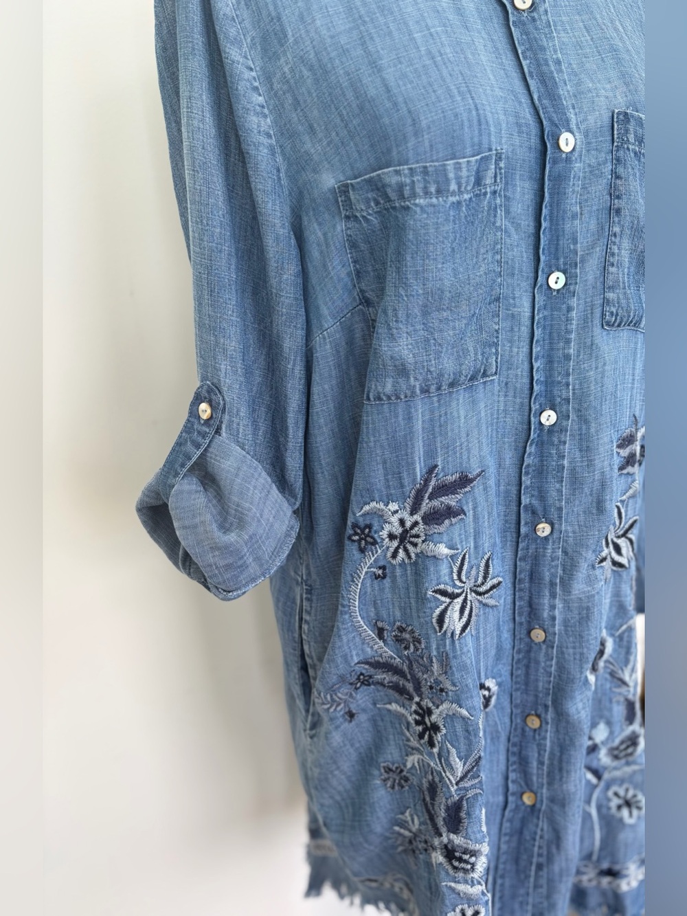 Kyla Seo Embroidered Chambray Button Front Shirt Dress Large - Picture 4 of 13